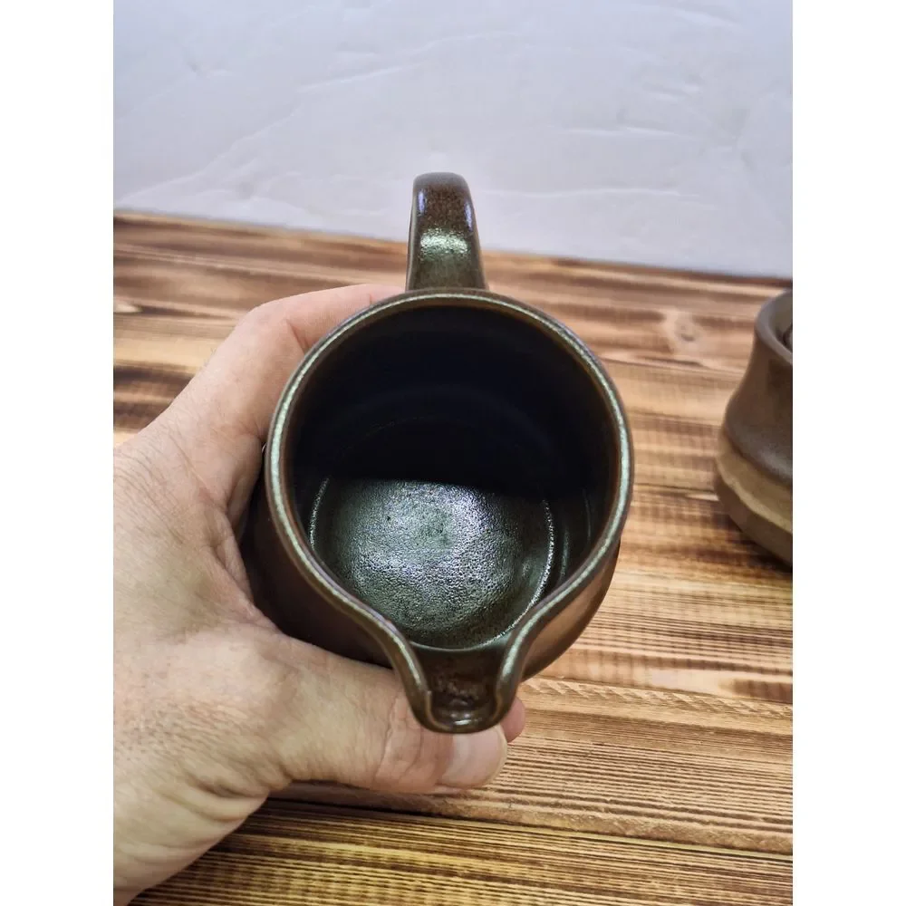 Vintage Three Tone Brown Stoneware‎ Covered Sugar and Creamer Set